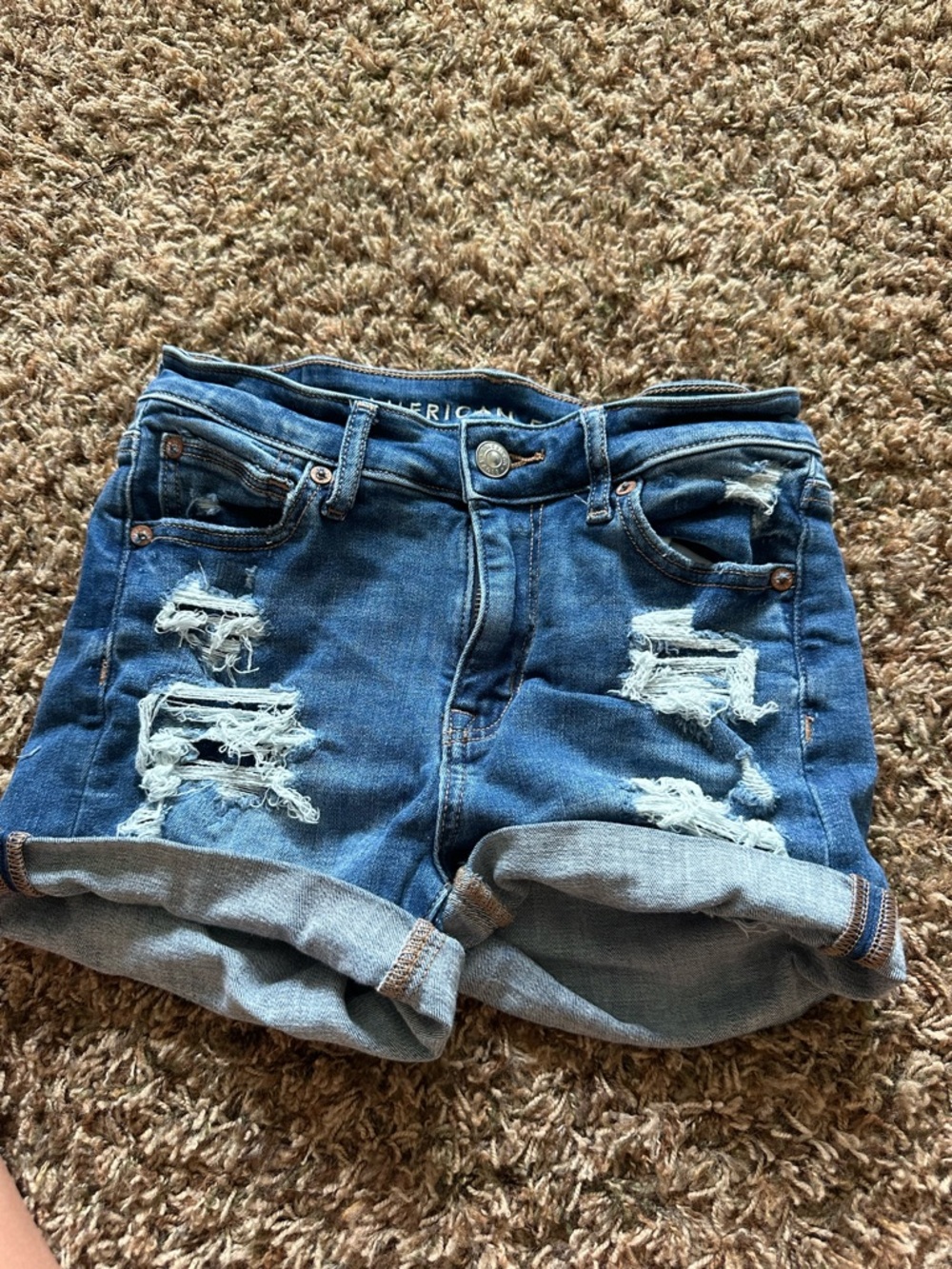 American Eagle Outfitters Distressed Rolled Hem Blue Denim Shorts